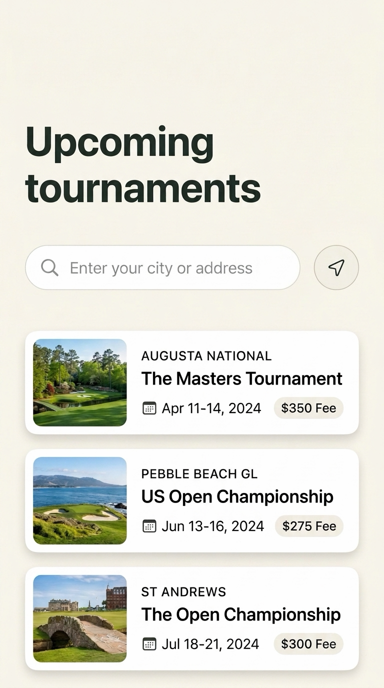 Scorepad Mobile App Discovery Screen — Upcoming Tournaments