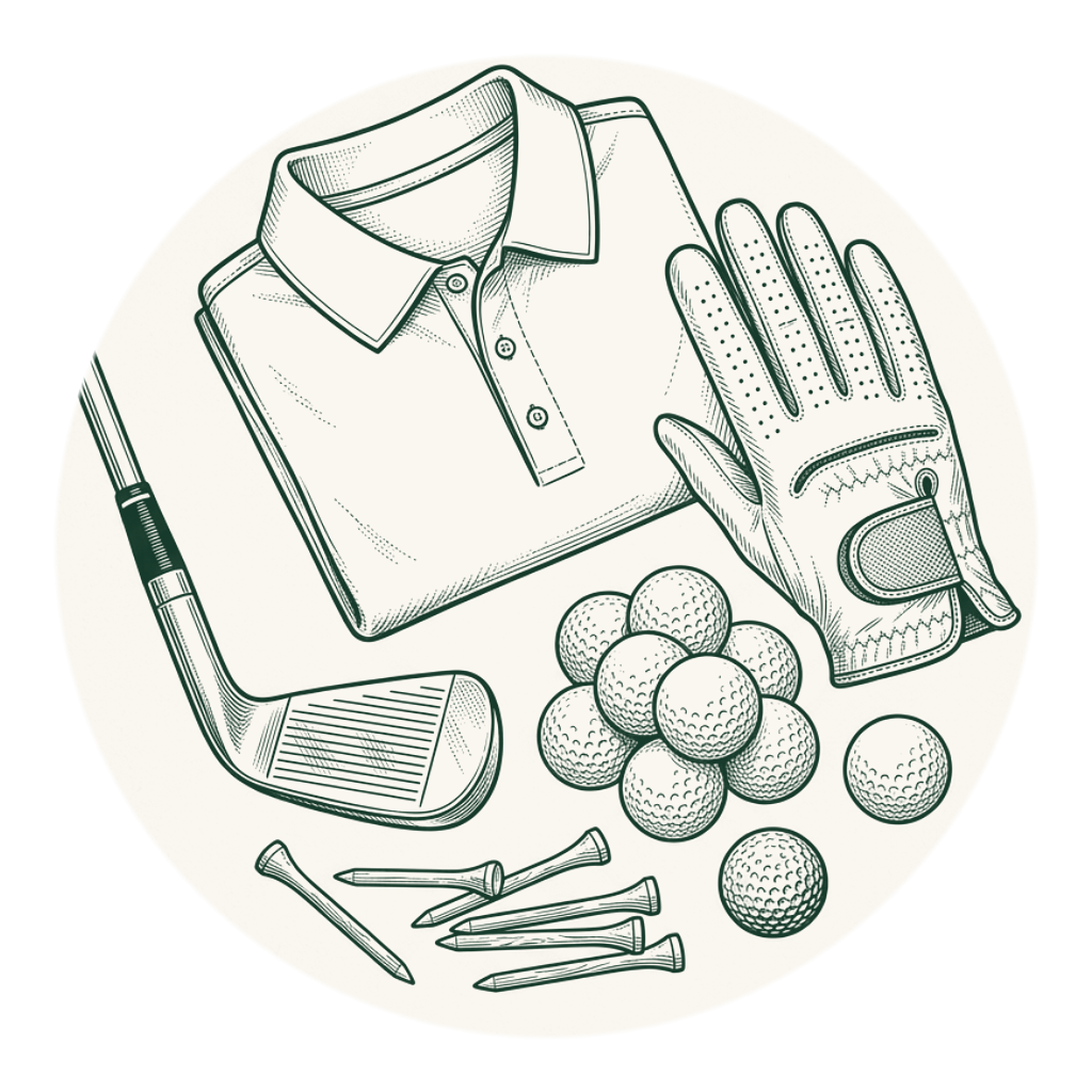 Monochrome flat-lay illustration of golf club, balls, tees, glove, and folded polo shirt